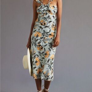 Floral Print Midi Dress in Blue and Orange